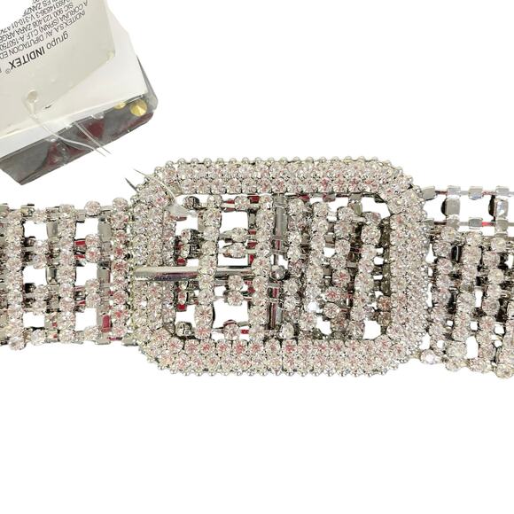 Zara Womens Sz 32 Silver Rhinestone Belt 1.5" Wide Glam Night Out NWT - Picture 2 of 8